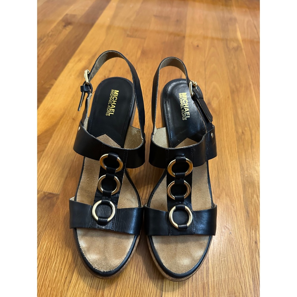 Michael Kors Black Leather Wood Wedge Sandals Gold Ring Hardware Platform 11M